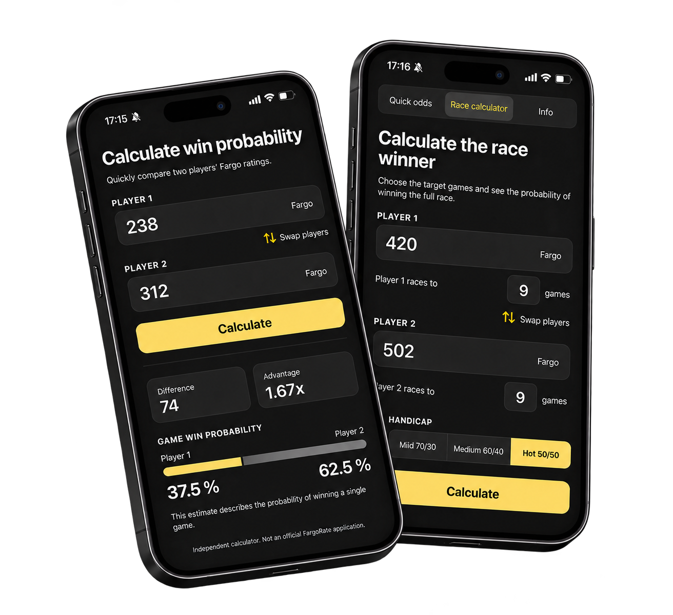 RackEdge Quick Odds and Race Calculator displayed on two phones